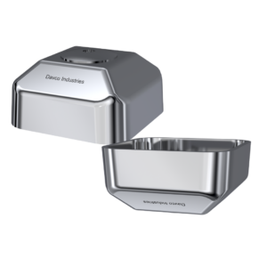 Two stainless steel rectangular wall-mounted hand dryers from Davco Industries, featuring a sleek, modern design with angular edges. The image shows both the front and side views of the dryers on a white background.