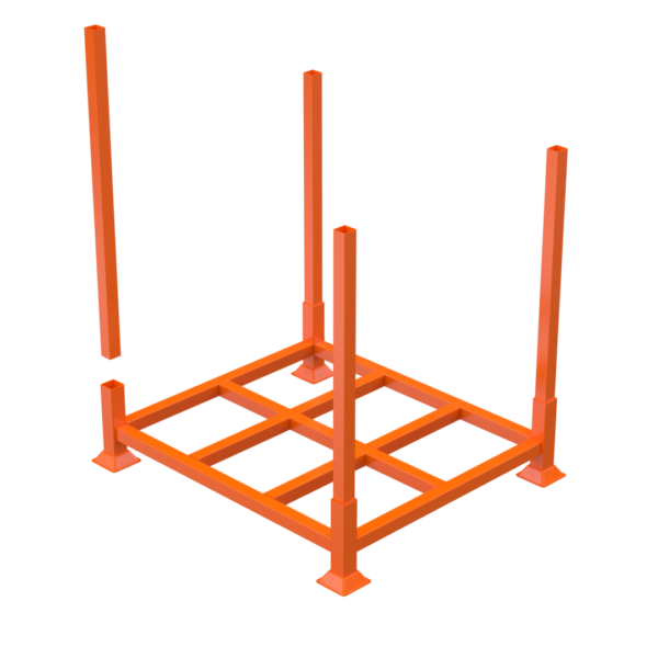 A 3D render of an orange steel pallet with four detachable vertical posts at each corner. The square pallet has a grid-like base with open spaces and is designed for storage or transportation of goods.