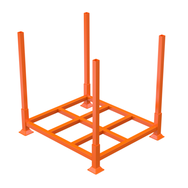 A bright orange metal rack with a square base and four vertical corner posts. The rack has a reinforced grid design on the bottom for added stability and is designed to hold or stack various items. The background is plain white.