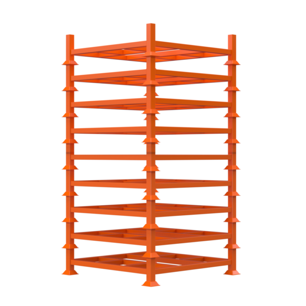 A tall, freestanding orange metal shelving unit with multiple tiers, each consisting of a flat shelf supported by sturdy vertical beams at each corner. The design is industrial, suitable for heavy-duty storage or warehouse use. The background is plain white.
