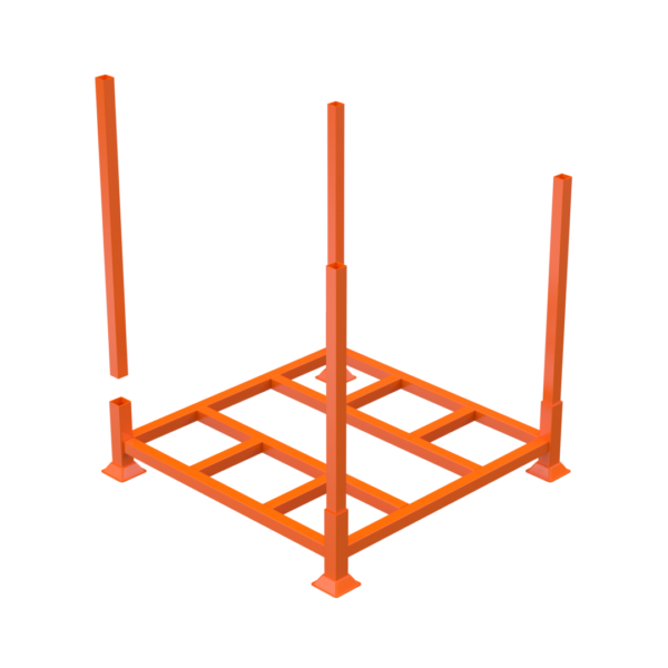 A 3D model of an orange metal rack frame with a square base and four vertical posts at each corner. The post are removable. The base has several rectangular cutouts, and the posts are evenly positioned to support items or additional structural elements.