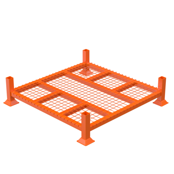 An orange industrial metal pallet with a grid-like surface and four square corner posts. The design is robust, likely for heavy-duty use, such as supporting or transporting large items in warehouses or manufacturing facilities.