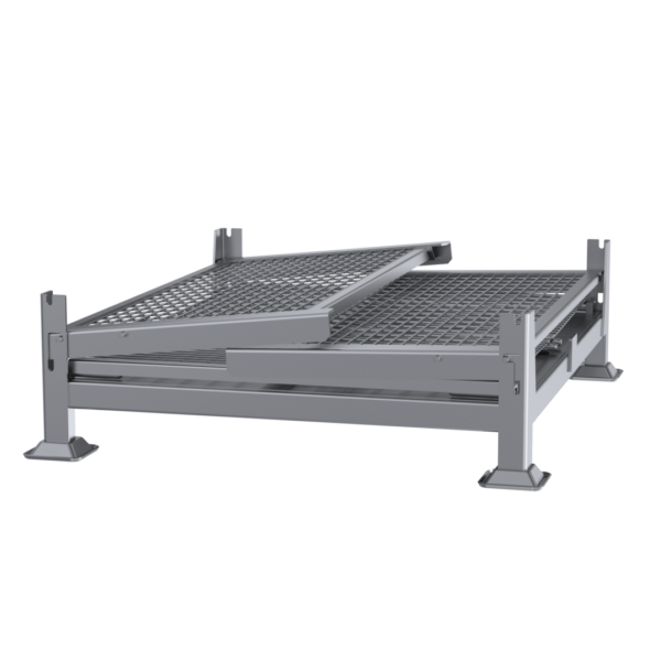 A gray, industrial-style pallet made of metal with a grated surface. The pallet features a hinged, sloped upper section allowing for easy loading and unloading. The entire structure is supported by sturdy legs at each corner.