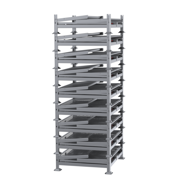 A tall, multi-tiered metal storage rack with eleven slanted shelves, each designed to hold large trays or items. The rack is made of gray metal and appears sturdy, with a simple, functional design. The shelves are evenly spaced and open on both sides.