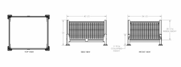 Diagram of a collapsible fence showing top, side, and front views. The side view details measurements of 40 1/2 inches in width and a collapsed height of 11 9/16 inches. The front view shows a width of 34 1/2 inches and an inside height of 20 7/16 inches.