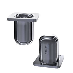 Two metallic rectangular components with cylindrical central parts extending downwards. The one on the right is angled slightly, displaying a marking that reads "P15H-11". The components have a shiny, polished finish. The background is white.