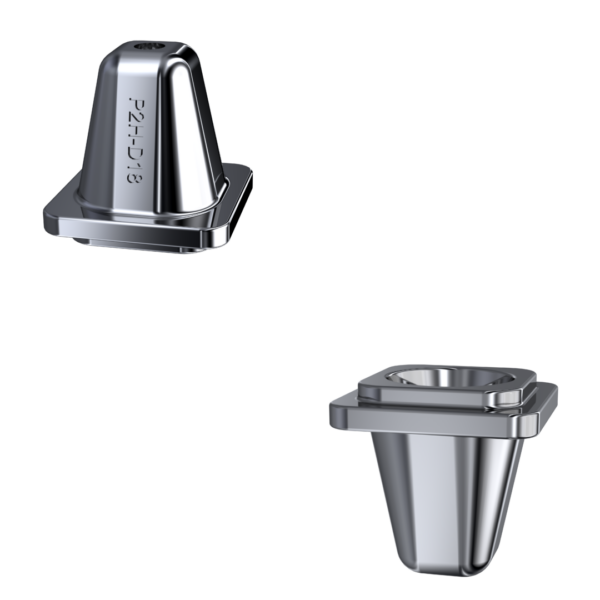 Two metal dental abutments are shown against a plain white background. The abutment on the left is angled and has engraved text, while the one on the right appears straight. Both have a reflective, polished surface and rectangular bases.