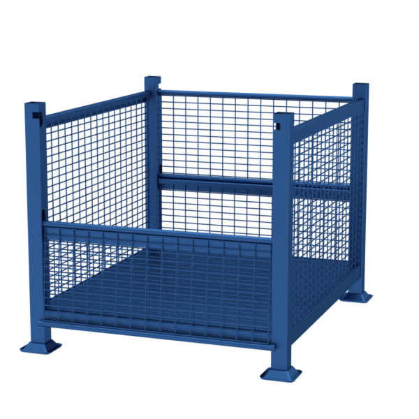 A large, blue metal cage-like container with a mesh design on all sides and a solid base. Front side-gate is open. It features tall corner posts and wide feet for stability. The container seems suitable for industrial or heavy-duty storage purposes.