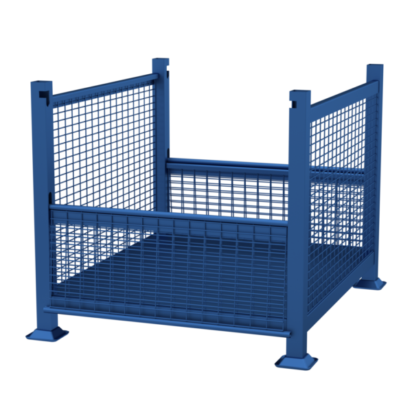 A large, blue metal cage-like container with a mesh design on all sides and a solid base. Both side-gates are open. It features tall corner posts and wide feet for stability. The container seems suitable for industrial or heavy-duty storage purposes.