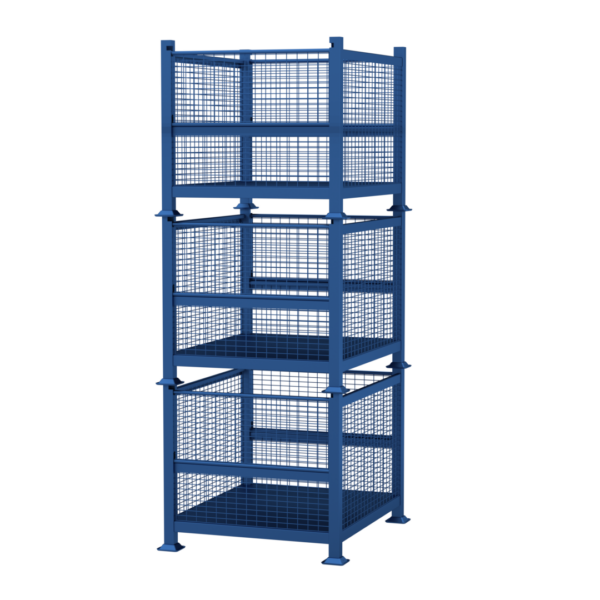A 3D rendering of a blue metal stackable storage unit with three mesh baskets, one on each tier. The design includes four sturdy corner posts and rigid supports, making it ideal for industrial or warehouse use. The unit is isolated against a white background.