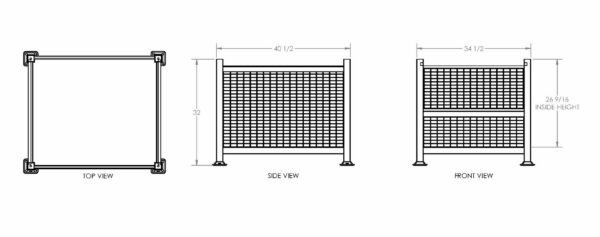 Technical drawing of a rectangular grid structure. The top view shows a square shape with dimensions, the side view features the mesh grid on legs, and the front view details the grid with dimensions 34 1/2" width and 29 9/16" height inside the grid.