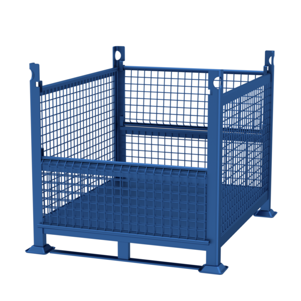 A blue metal wire mesh storage container with a square base and open top. It features sturdy vertical and horizontal reinforcements on the sides and base, and it has four corner posts with hooks for stacking or securing the container.