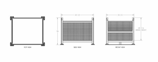Technical drawing of a rectangular ventilation grille. The top view shows the grille's 40 1/2-inch width. The side and front views display a height of 34 inches and an inside height of 28 7/16 inches. The grille features a mesh-like pattern with two segments.