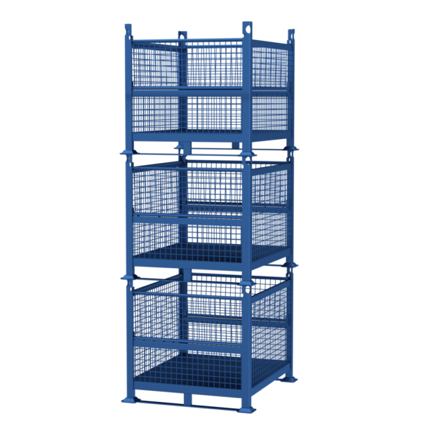 A stack of four blue metal wire mesh storage containers, one on top of the other, creating a tall tower. The containers have open grid-like sides and are set against a plain white background.